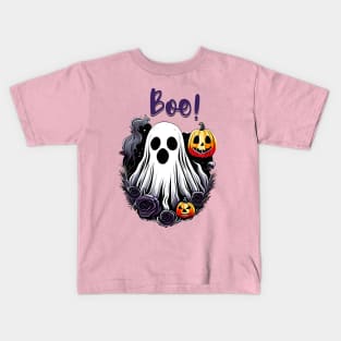 Cute Boo Halloween Ghost with Pumkins and Roses Kids T-Shirt